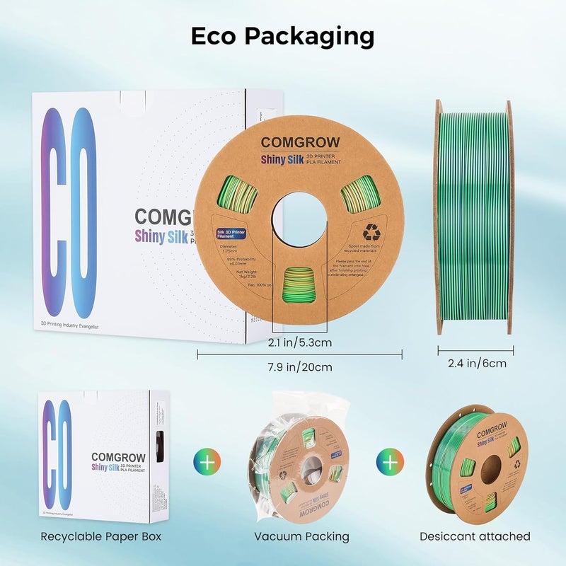 Comgrow Tri-Colors Silk PLA 3D Printer Filament, Rainbow PLA Filament 1.75mm, Dimensional Accuracy +/- 0.02 mm, 1KG Spool, Coextrusion 3D Filament with Shiny Silk Blue-Green-Orange - Image 5